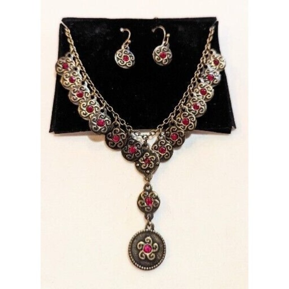 Vintage Avon Pink Rhinestone Antiqued Gold Gothic Medallions Necklace & Earrings